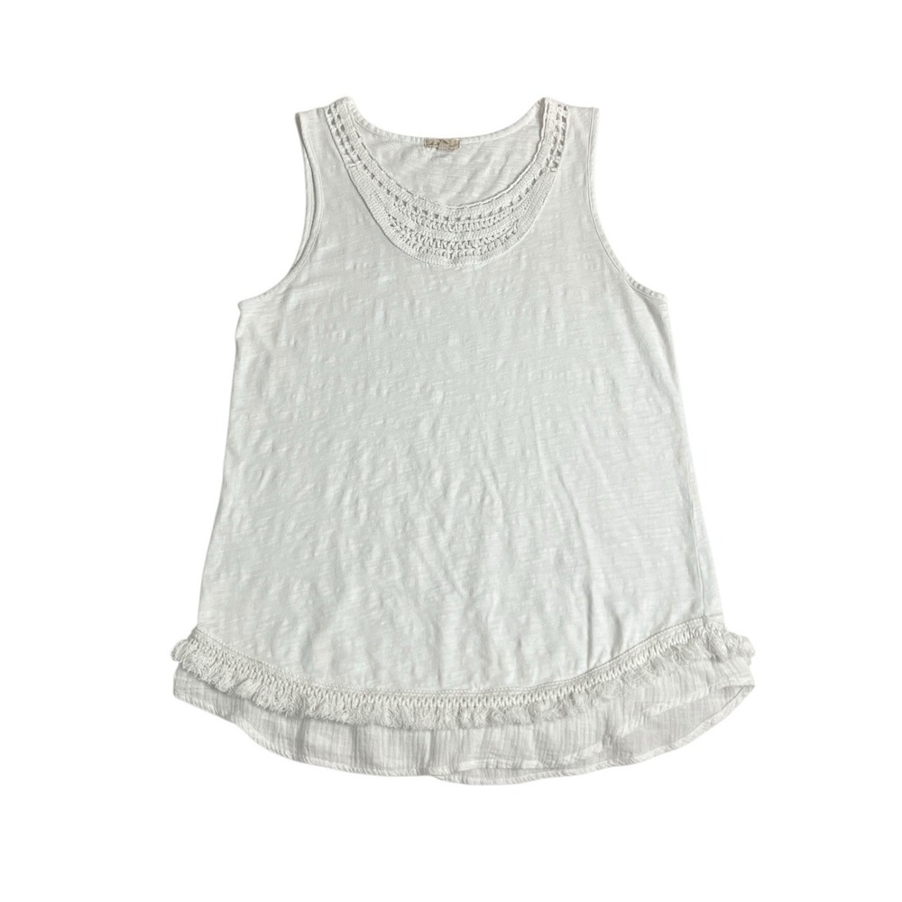 Mod-O-Doc Top Women M White Crochet Slub Coastal Boho Sleeveless Tank Fringe Hem
